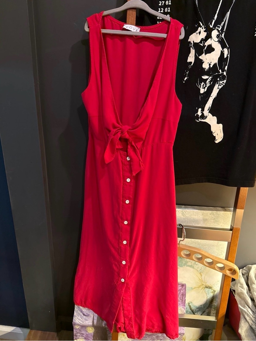 Rayon Ovi Red Tie-Front Button-Down Women’s Dress